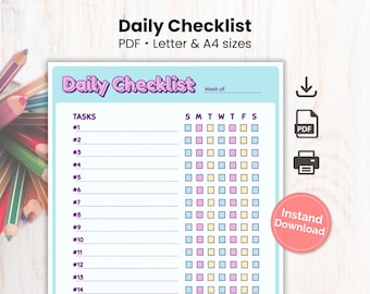 Lista de verificación diaria imprimible, Planificador diario de tareas, Rutina diaria, Rastreador de tareas, Lista semanal de tareas, Planificador semanal, Rastreador de hábitos diarios, PDF