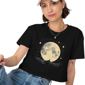Womens Moon & Stars Crop Top, Womens Moon,  Lunar Moon, Gothic Top, Folklore Crop Top, Celestial Crop Top, Astrology Shirt, Cottagecore Tee.