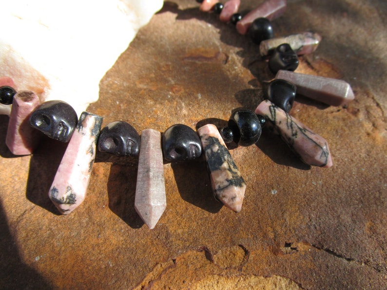 Rhodonite with Obsidian and Skulls~Necklace and Earring Set~Black and Pink~Samhain~Dia De Los Muertos