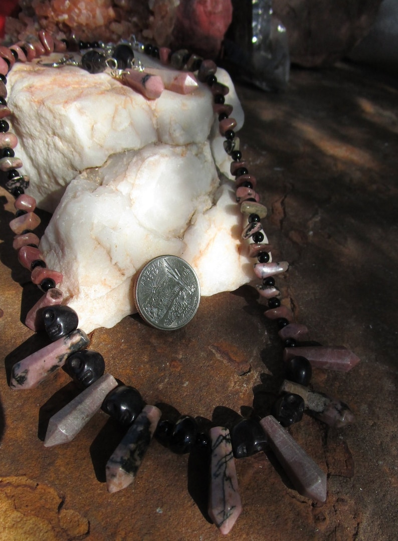 Rhodonite with Obsidian and Skulls~Necklace and Earring Set~Black and Pink~Samhain~Dia De Los Muertos