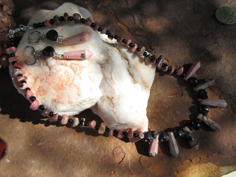 Rhodonite with Obsidian and Skulls~Necklace and Earring Set~Black and Pink~Samhain~Dia De Los Muertos