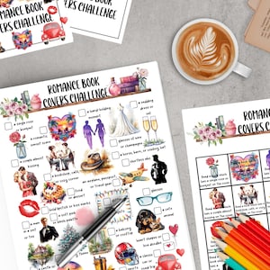 May include: A flat lay featuring a Romance Book Covers Challenge checklist, a cup of coffee with latte art, and a set of colored pencils. The checklist includes illustrations of romantic themes like sunsets, kissing couples, and wedding dresses.