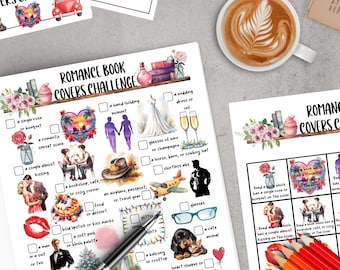 May include: A flat lay featuring a Romance Book Covers Challenge checklist, a cup of coffee with latte art, and a set of colored pencils. The checklist includes illustrations of romantic themes like sunsets, kissing couples, and wedding dresses.