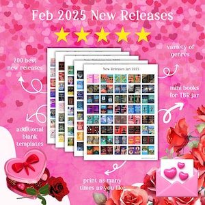 200 Feb 2025 new release mini book covers, printable pdf Booktok TBR jar, reading tracker, book nook, ornament, anxiety bookshelf, dollhouse