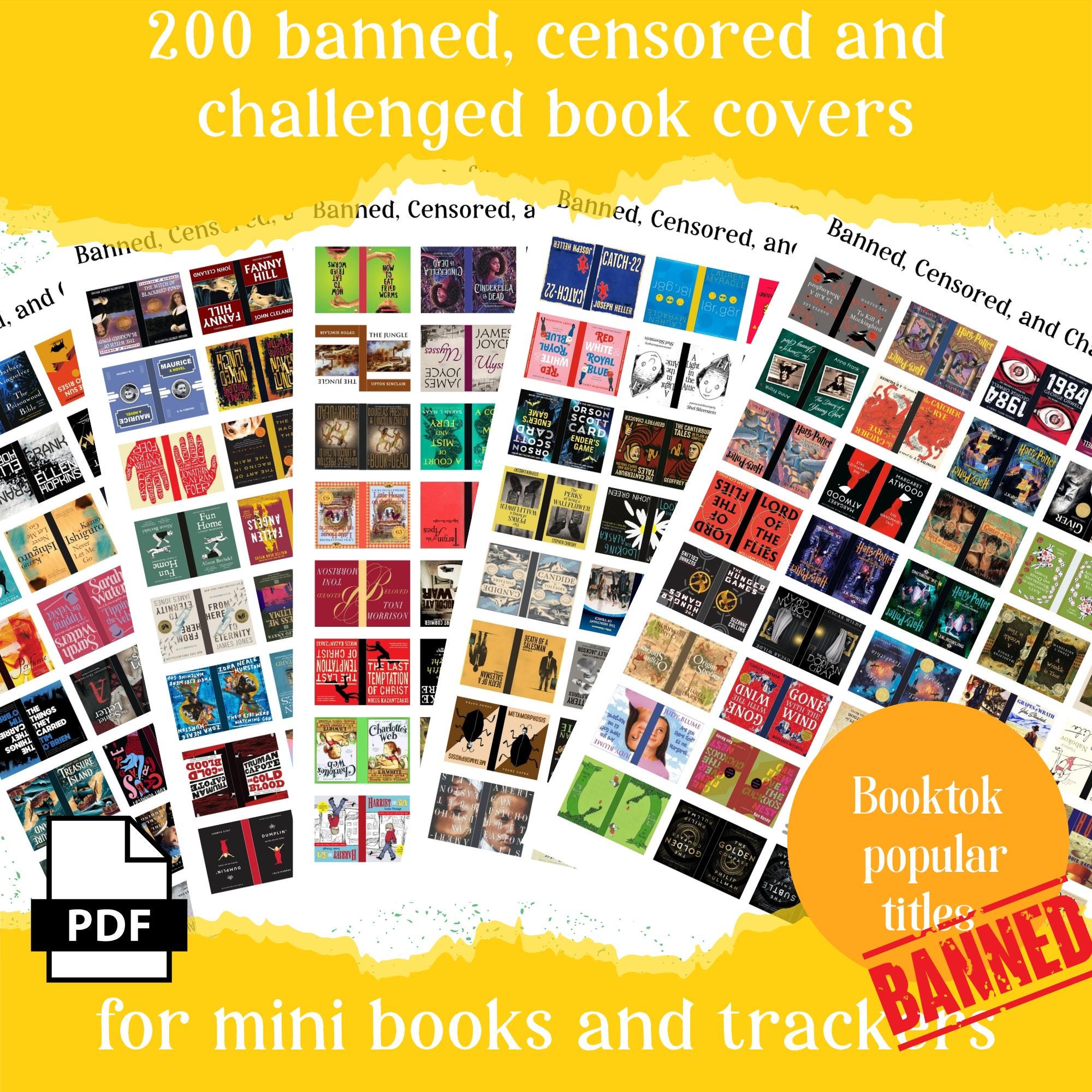 200 banned, censored, and challenged mini book covers, printable pdf for Booktok TBR jar, reading tracker, book nooks & ornaments, dollhouse