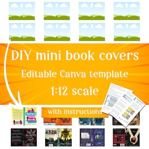 DIY miniature book covers, 1:12th scale editable Canva template for dollhouse books, bookish gifts, mini books, instant download PDF