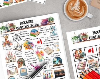 May include: A printable book bingo card with a watercolor background. The card features a list of book bingo challenges, such as "includes a book club", "features a secret society or hidden world", "is under 200 pages", "has a fairy tale retelling", "is a debut novel", "has a sun or summer vibe on the cover", "is set in a small town", "is a historical fiction novel set in ancient times", "has 2 authors", "is a book published this year", "is a mystery novel with a detective as the main", "has been hidden on your TBR pile for too long", "is a mythological or folklore-inspired story", "the story happens over a single day", "has illustrations", "is a NYTimes bestseller", "is set in a fictional world", "is set in a post-apocalyptic world", "features footnotes or annotations", "includes letters, journal entries, or newspaper clippings", "is a classic novel you've never read".