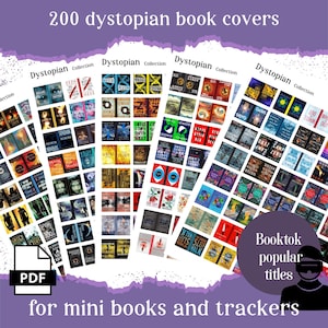 200 dystopian mini book covers, printable pdf for Booktok TBR jar, reading tracker, book nooks & ornaments, anxiety bookshelf, dollhouse