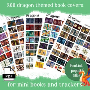 200 dragon themed mini book covers, printable pdf for Booktok TBR jar, reading tracker, book nooks & ornaments, anxiety bookshelf, dollhouse