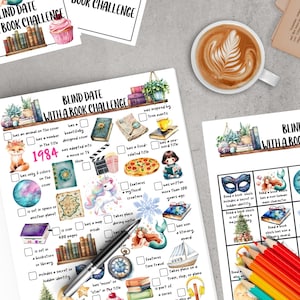 May include: A printable "Blind Date with a Book Challenge" game card with a watercolor design. The card features a grid of squares with various book-related prompts, such as "has an animal on the cover", "is over 400 pages", and "features time travel".