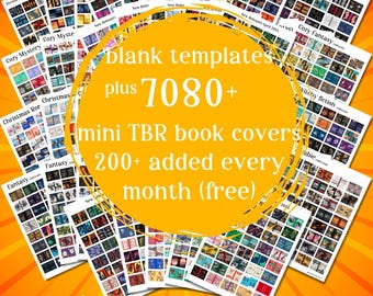 May include: A collection of printable sheets featuring 7080+ mini book covers for TBR jars, organized by genres like Dystopian, Cozy Mystery, and Fantasy. The central yellow circle displays the text: blank templates plus 7080+ mini TBR book covers 200+ added every month (free).