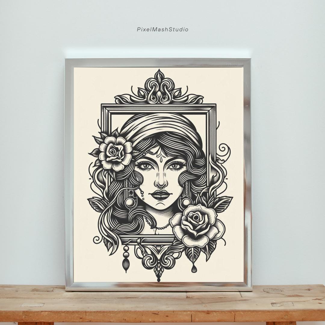 Gypsy and Frame Tattoo Style Art Print, Wall Art, Home Decor, Floral ...