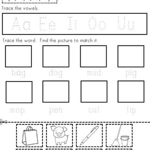 May include: Black and white worksheet for learning short vowels. The worksheet includes tracing letters, matching words to pictures, and cutting out images. The text "Short Vowels (a, e, i, o, u)" is at the top.