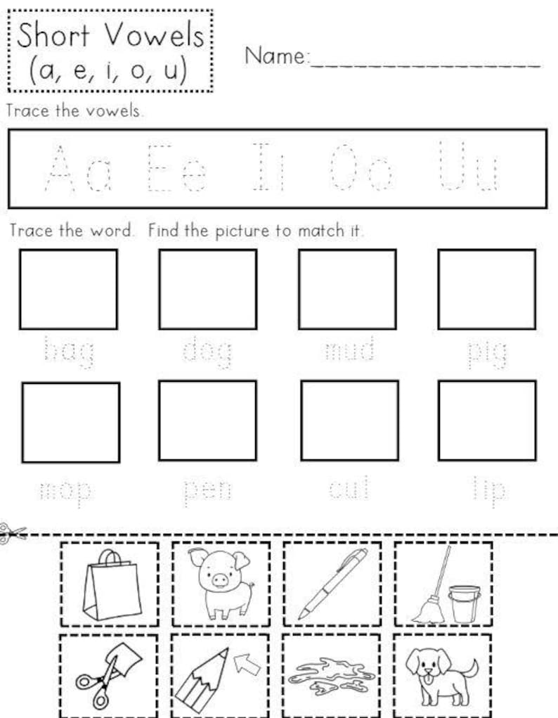 May include: Black and white worksheet for learning short vowels. The worksheet includes tracing letters, matching words to pictures, and cutting out images. The text "Short Vowels (a, e, i, o, u)" is at the top.