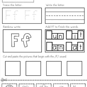 May include: Black and white worksheet for learning the letter "Ff". Includes tracing, writing practice, and word completion exercises. Features images of a fan, frog, flower, fish, and snail for cutting and pasting.