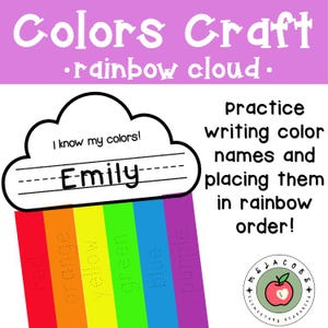 Può includere: Una scheda didattica stampabile intitolata Colors Craft rainbow cloud. Presenta una grafica a nuvola con il testo I know my colors e una riga per un nome. Sotto ci sono sei strisce verticali colorate in rosso, arancione, giallo, verde, blu e viola.