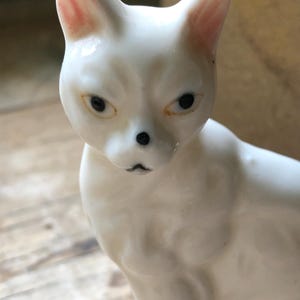 French White Porcelain Miniature Donskoy Cat Figurine w/ Hand-painted features