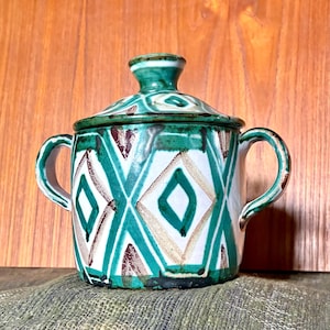 French Vintage Robert Picault Vallauris Two-Handled Lidded Pot – Green Geometric Diamond Pattern – MCM- Circa 1950s