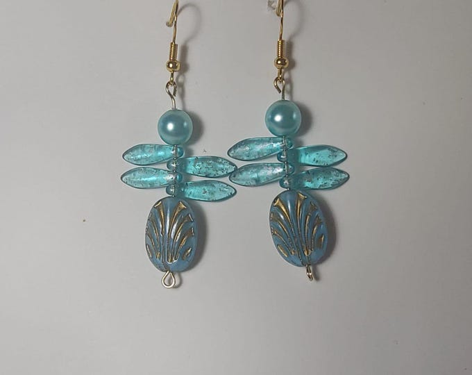 2" drop glass and clay bead dragonfly earrings with gold earloops