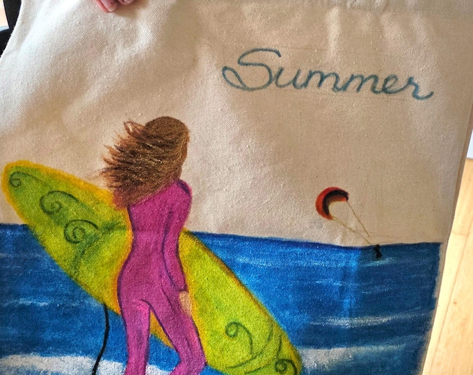 Summer Surfer Original Hand-painted Beach Tote Bag