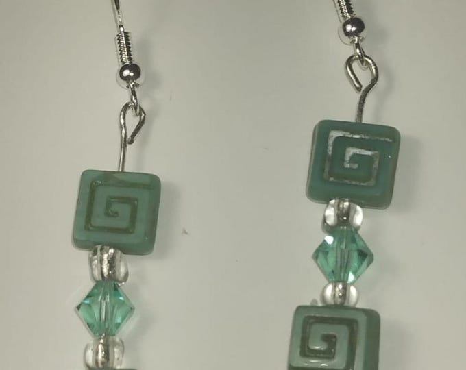 Green Geometric Stone bead drop earrings