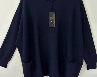 Made in Italy Alpini knitwear navy oversized loose soft quirky slouch Lagenlook batwing 2 pocket Jumper Sweater Top one size 10-18