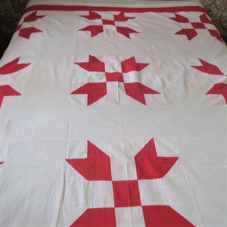 ANTIQUE quilt top, RED and WHITE star, hand pieced image 2