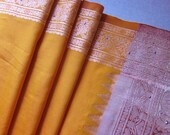 Saffron sari, saree, woven, mushroom, silver studs, hippie fabric, Indian sari, gypsy decor, festival clothing