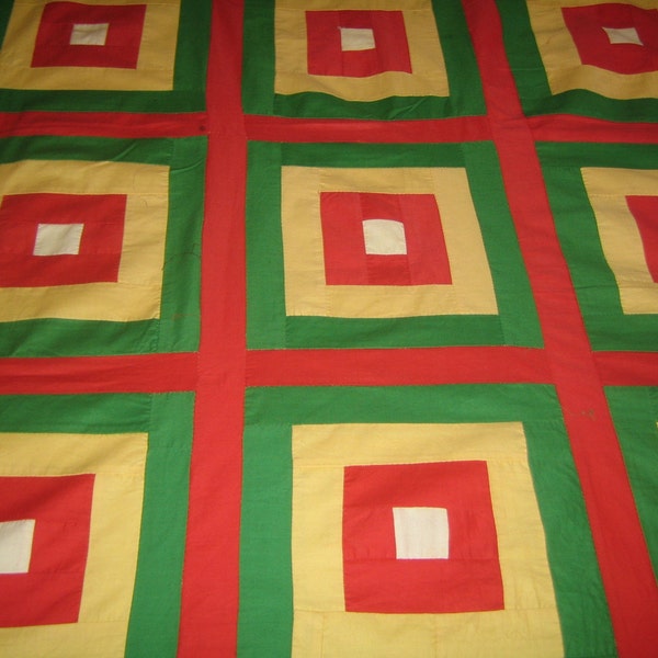 White House Steps,  Vintage Quilt Top ,  1930s decor, 30s Bedspread ,  hand pieced ,   red yellow green