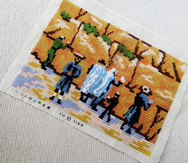 WAILING WALL,needlework panel,vintage needlepoint,long stitch, completed needlepoint to be made into pillow or framed image 3