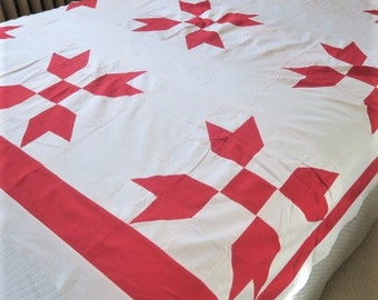ANTIQUE quilt top, RED and WHITE star, hand pieced