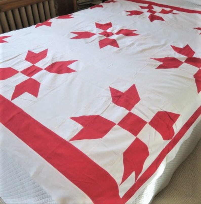 ANTIQUE quilt top, RED and WHITE star, hand pieced image 1