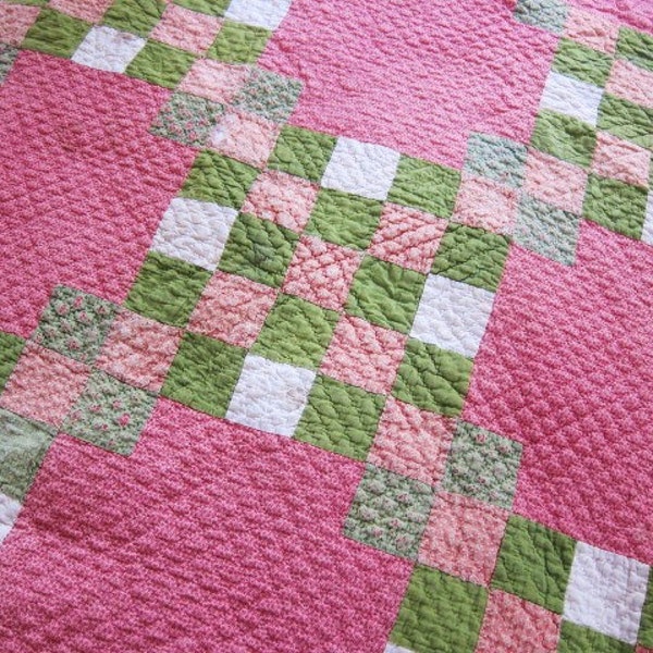 RESERVED for CHELSEY Antique quilt 1800s Irish Chain double pinks and over dyed green