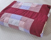 Vintage patchwork quilt , Antique tile block,  dorm decor, homemade quilt, tied quilt, burgundy bedcover, 80s decor