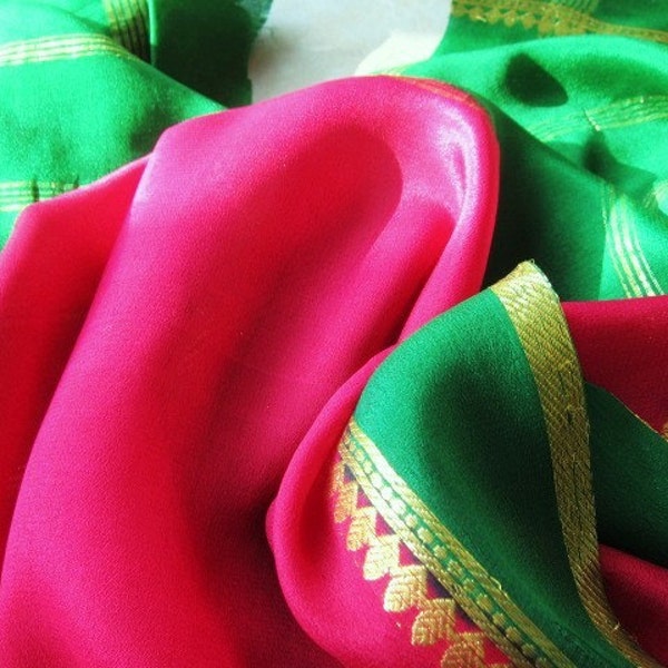 Vintagewoven   sari  fabric shocking pink emerald green for exotic crafts