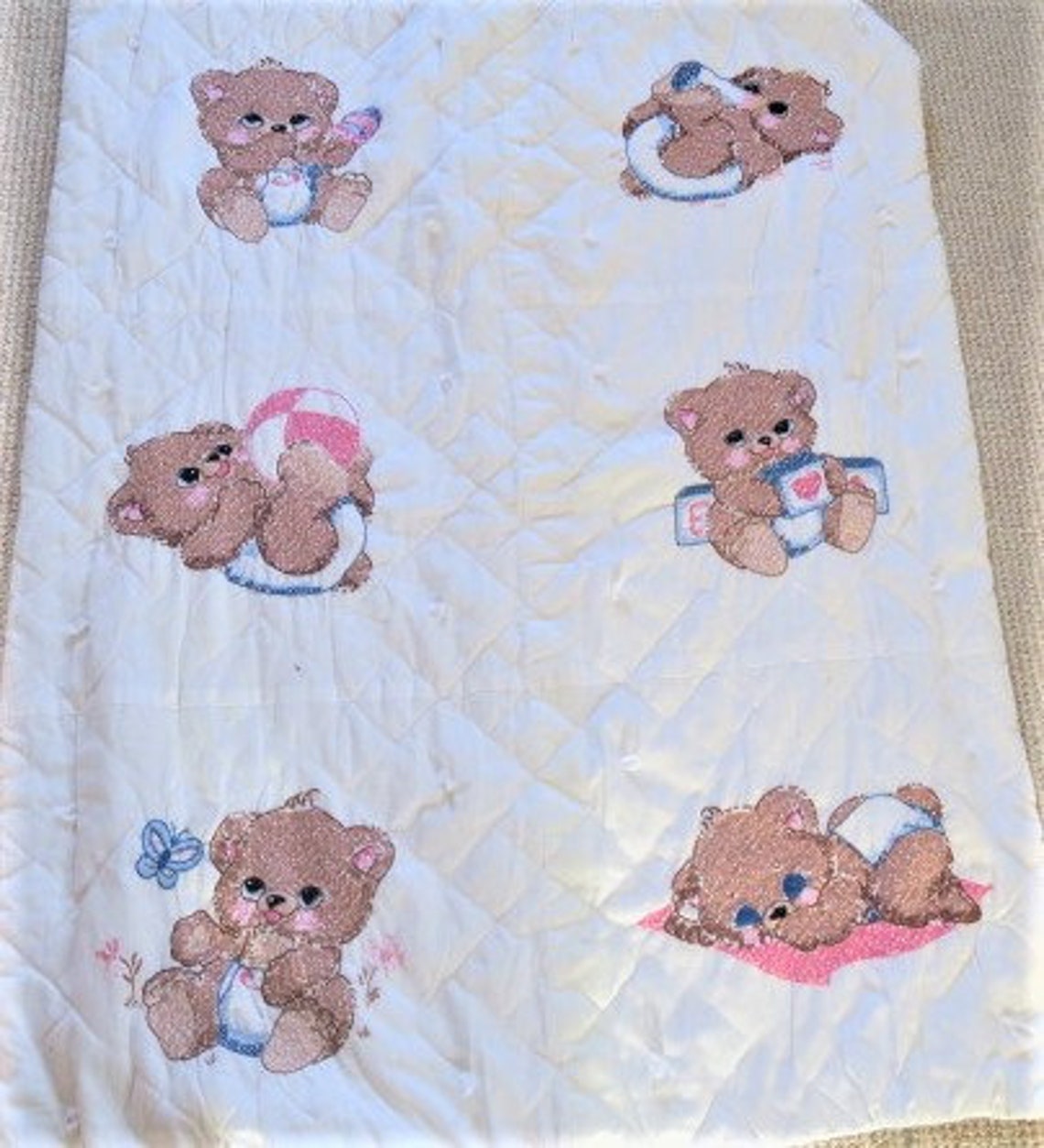 TEDDY BEAR baby blanket vintage baby quilt hand embroidered Etsy