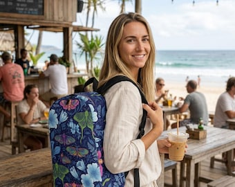 Dark Blue Luna Moth Butterfly Floral Backpack for Women & Girls | Celestial Cottagecore School Travel Bag | Mystical Nature Backpack