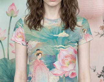 Pink Floral Geisha Cotton Tee, Japanese Geisha Top, Asian Inspired Shirt