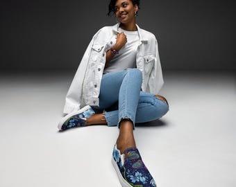Night Garden Butterfly Slip On Shoes, Floral Canvas Sneakers, Dark Botanical Aesthetic, Nature Lover Gift, Cottagecore Footwear