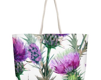 Purple Thistle Weekender Bag, Botanical Travel Tote, Wildflower Nature Beach Bag