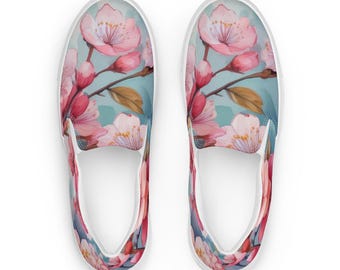 Cherry Blossom Canvas Slip-On Shoes, Pink Sakura Floral Print Sneakers