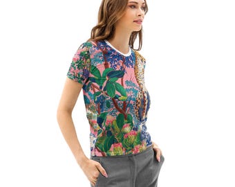 Maximalist Chinoiserie Leopard Women’s Cotton T-Shirt | Pink Green Blue Statement Tee