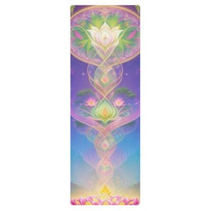May include: A yoga mat with a vibrant, ethereal design. The mat features a central, vertical pattern of stylized lotus flowers and swirling lines in shades of purple, pink, green, and yellow against a gradient blue background. The design evokes a sense of spirituality and tranquility.