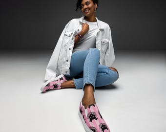Black Kitty Pink Canvas Slip-On Shoes | Witchy Gothic Coquette Sneakers for Women