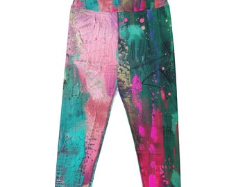 Abstract Grunge Yoga Capri Leggings | Jewel Tone Workout Bottoms | Artsy Pins Green and Blue Activewear