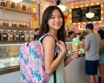 Pink Boston Terrier Backpack | Cute Dog Lover School Bag | Preppy Puppy Travel Backpack for Women & Girls