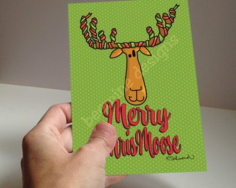 Christmas Moose Greeting Card, With Choice of Printed Message or Blank Inside