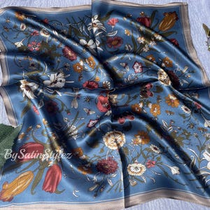 100% Silk Scarf, Pure Silk Neck Scarf, Silk Bandanna, Silk Neckerchief, Silk Hair Scarf, Personalized Scarf Gift,Pick 3 For Discount 21"x21" Pastel Blue Garden