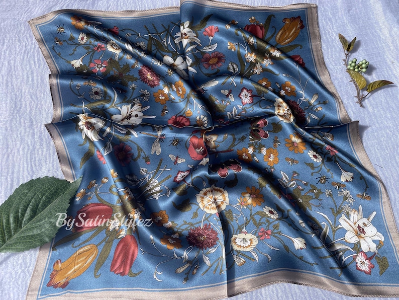 100% Silk Scarf, Pure Silk Neck Scarf, Silk Bandanna, Silk Neckerchief, Silk Hair Scarf, Personalized Scarf Gift,Pick 3 For Discount 21"x21" Pastel Blue Garden