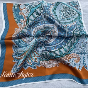100% Silk Scarf, Paisley Silk Neck Scarf, Silk Bandanna, Silk Neckerchief, Silk Hair Scarf, Personalized Scarf, Pick 3 For Discount, 21"x21" Orange Blue Paisley
